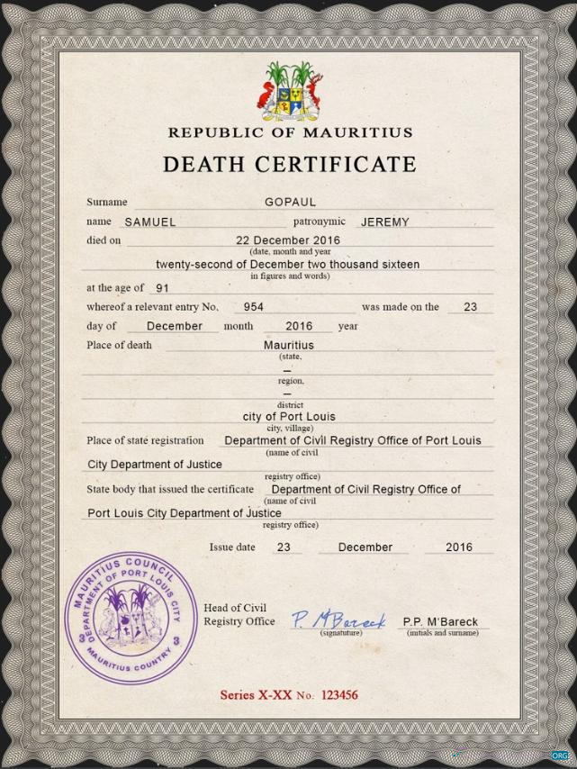 Download Mauritius vital record death certificate PSD template Photoshop template